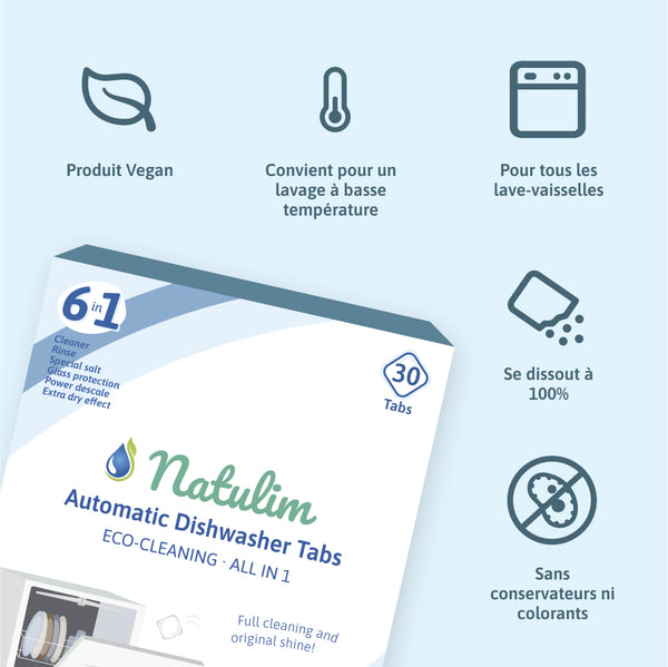 Tablettes Lave-Vaisselle Écologique 6-en-1 - 60 Pastilles - Natulim FR