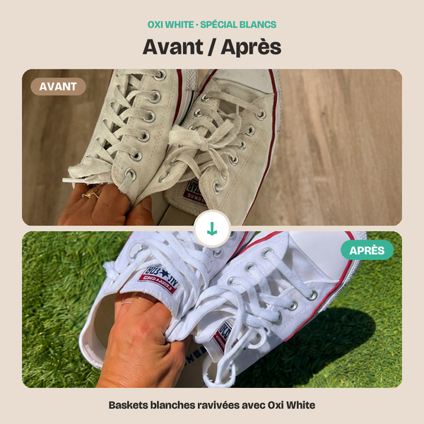 Avant / Après — baskets blanches ravivées avec Oxi White